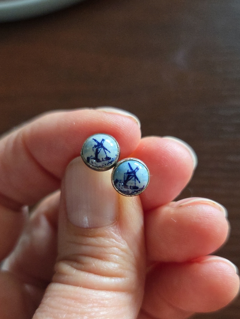 Blue Delft Windmill Stud Earrings Vintage Netherlands 835 Silver